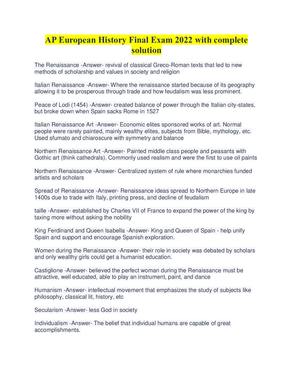 Preview image for AP European History Final Exam 2022 with complete solution